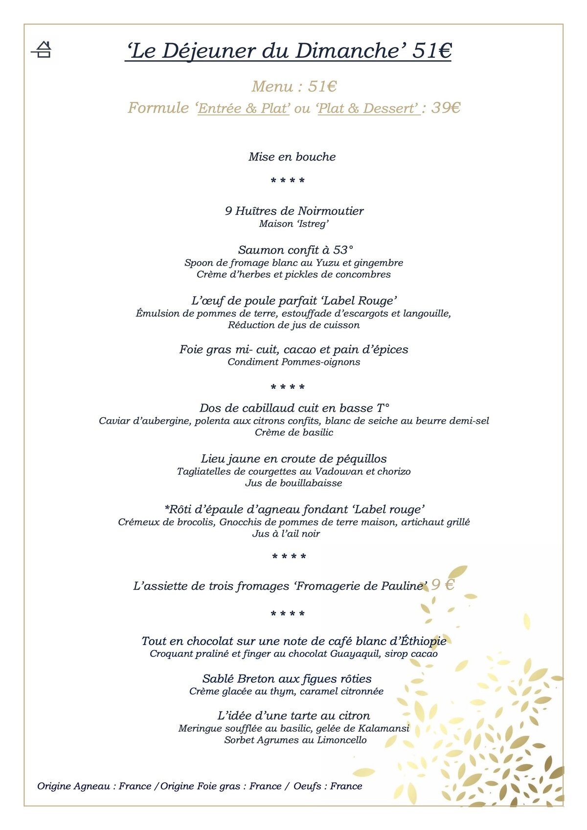 Carte du déjeuner le dimanche au restaurant l'ételle à Noirmoutier