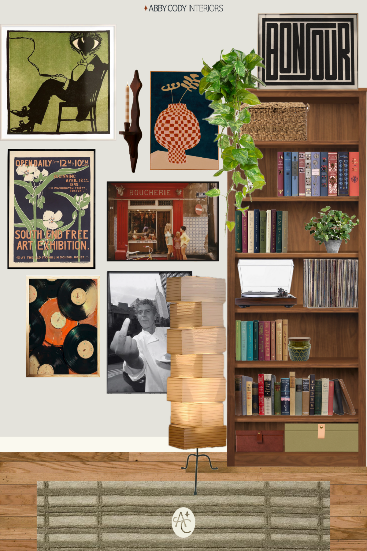 walnut bookshelves filled with books, record player, vinyls or records, plants, storage, cute storage, mcm gallery wall, funny gallery wall, personality office, vintage finds
