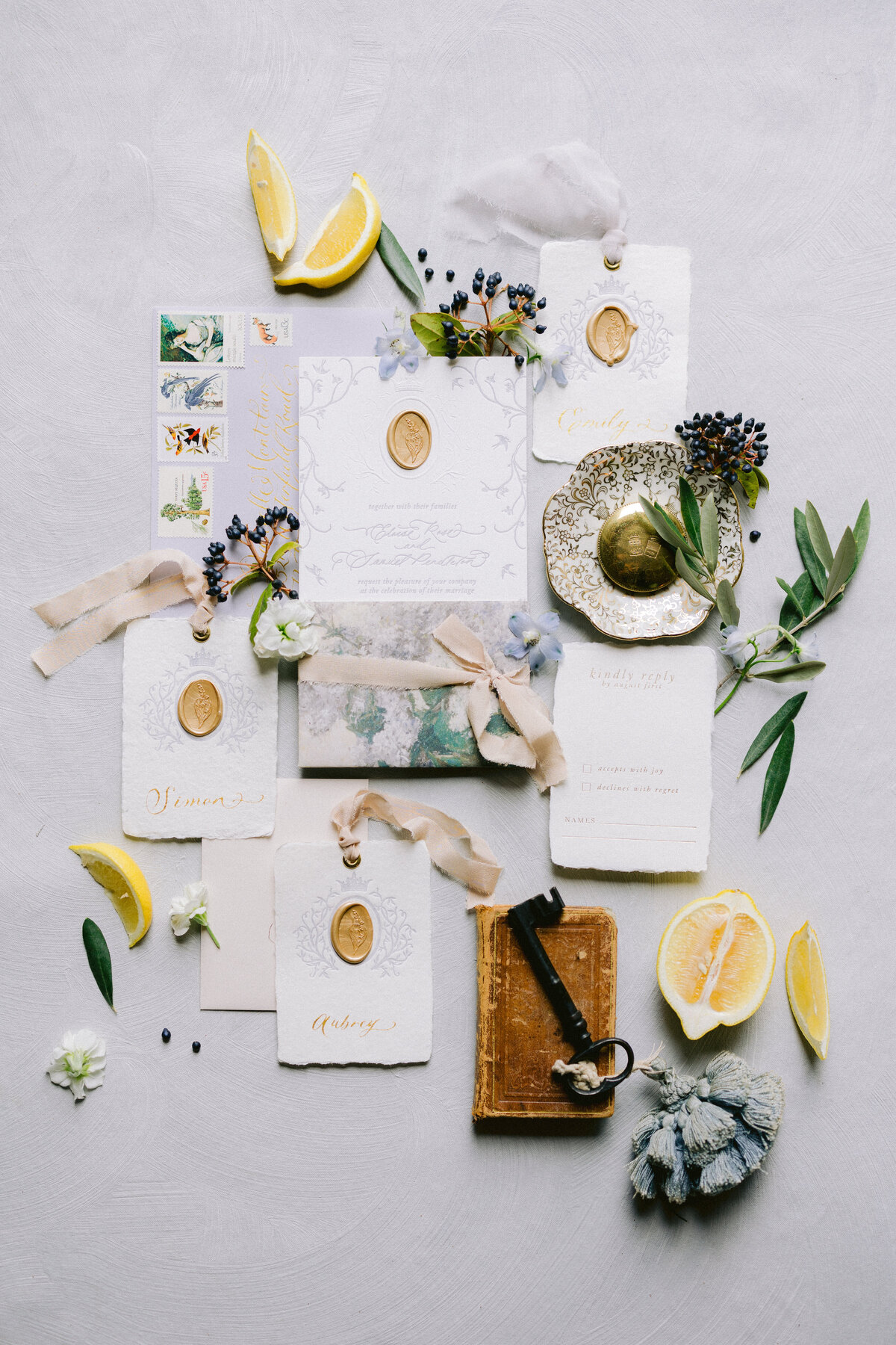 Luxury Wedding Flatlay with Lemons, Villa Cetinale, Tuscany, Italy - Hunter Hennes Photography_0001
