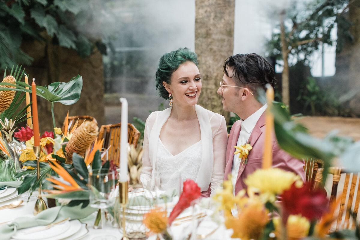 Dallas Aquarium Nimbus Events Wedding Planning  Happy Couple Tropical Flowers