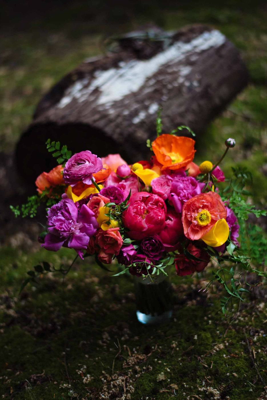Hot pink and yellow peony and poppy bridal bouquet.