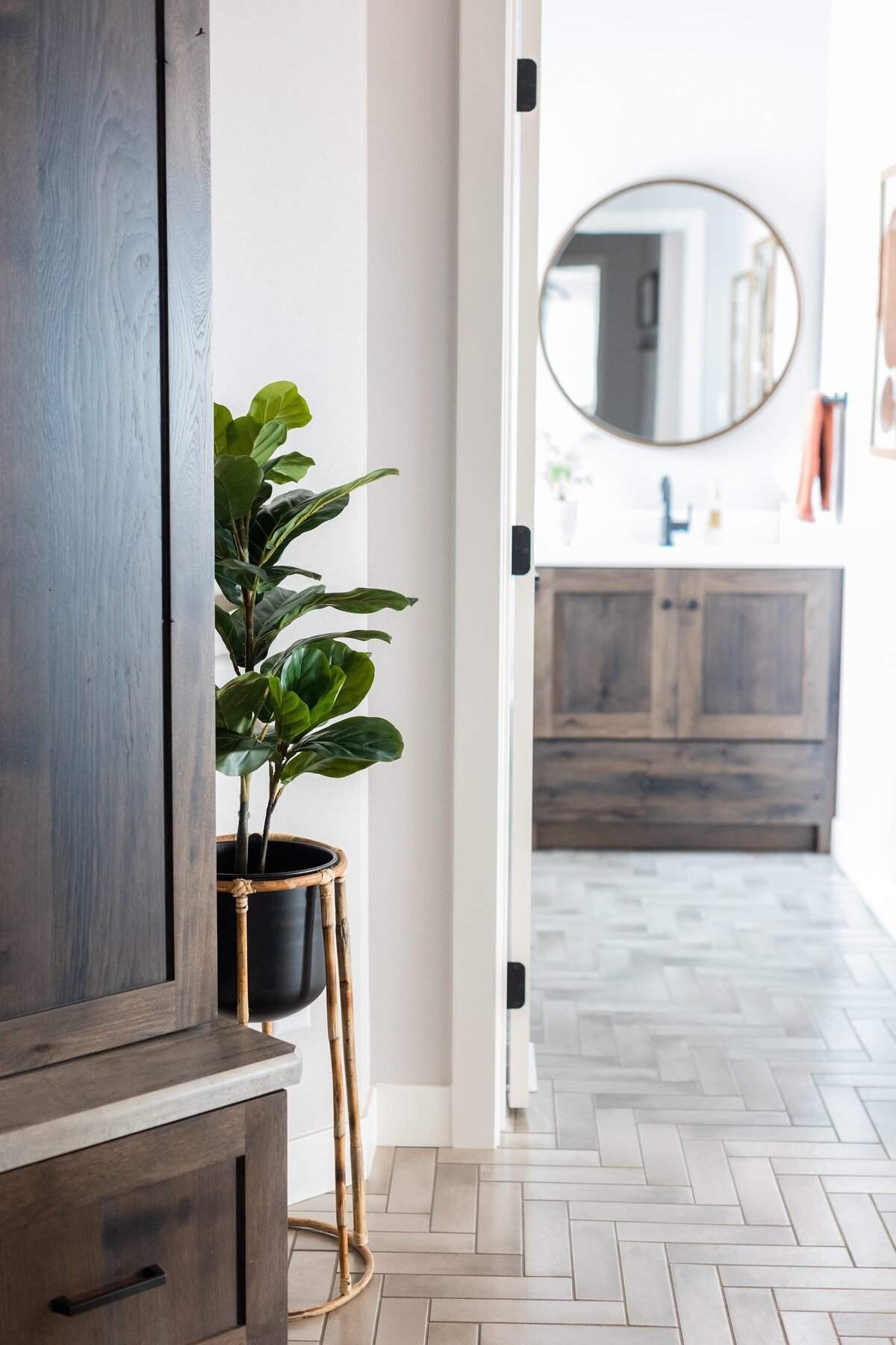 michele rosenboom design modern farmhouse plant in a gold stand door open to bathroom