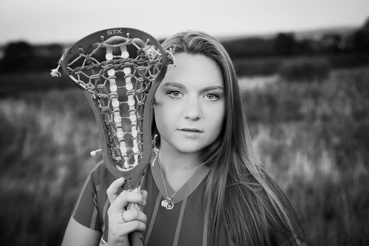 Close-up lacrosse photo black and white senior girl from Penn Yan Academy