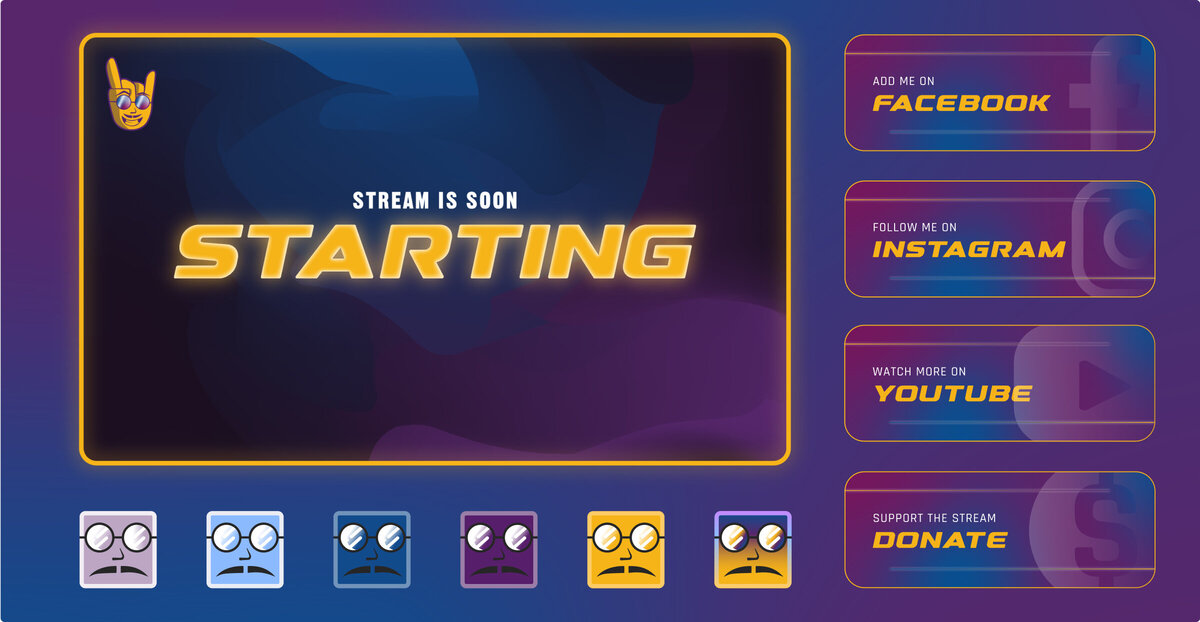 Twitch graphic display, showcasing the brand Don Charlieee. Graphics include: loading screen, social media banners, six color squares with faces on them.