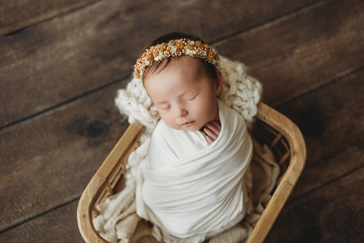 boho newborn, harrisburg newborn photographer, baby swaddled in a basket