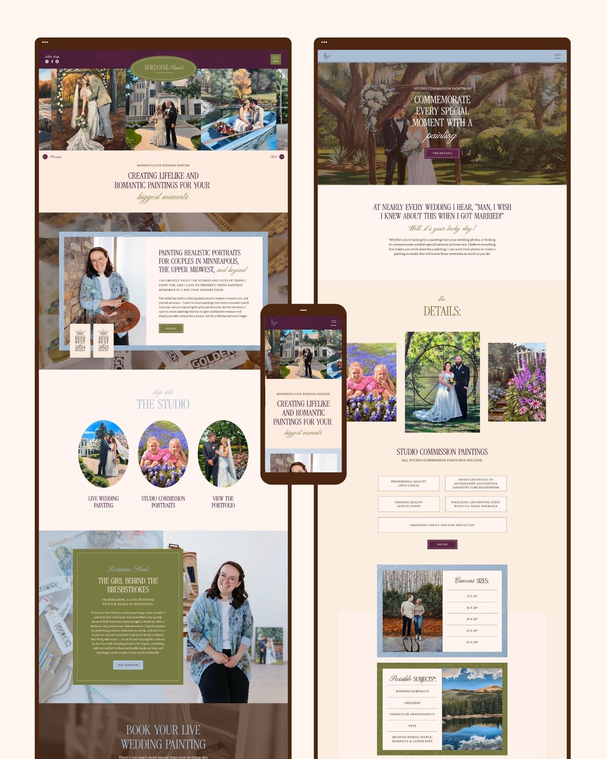 A professional mockup showing the full desktop and mobile views of the Korianne Paints website. This design reflects the elevated, luxe feel of her live wedding painting services and her efficient client inquiry process.