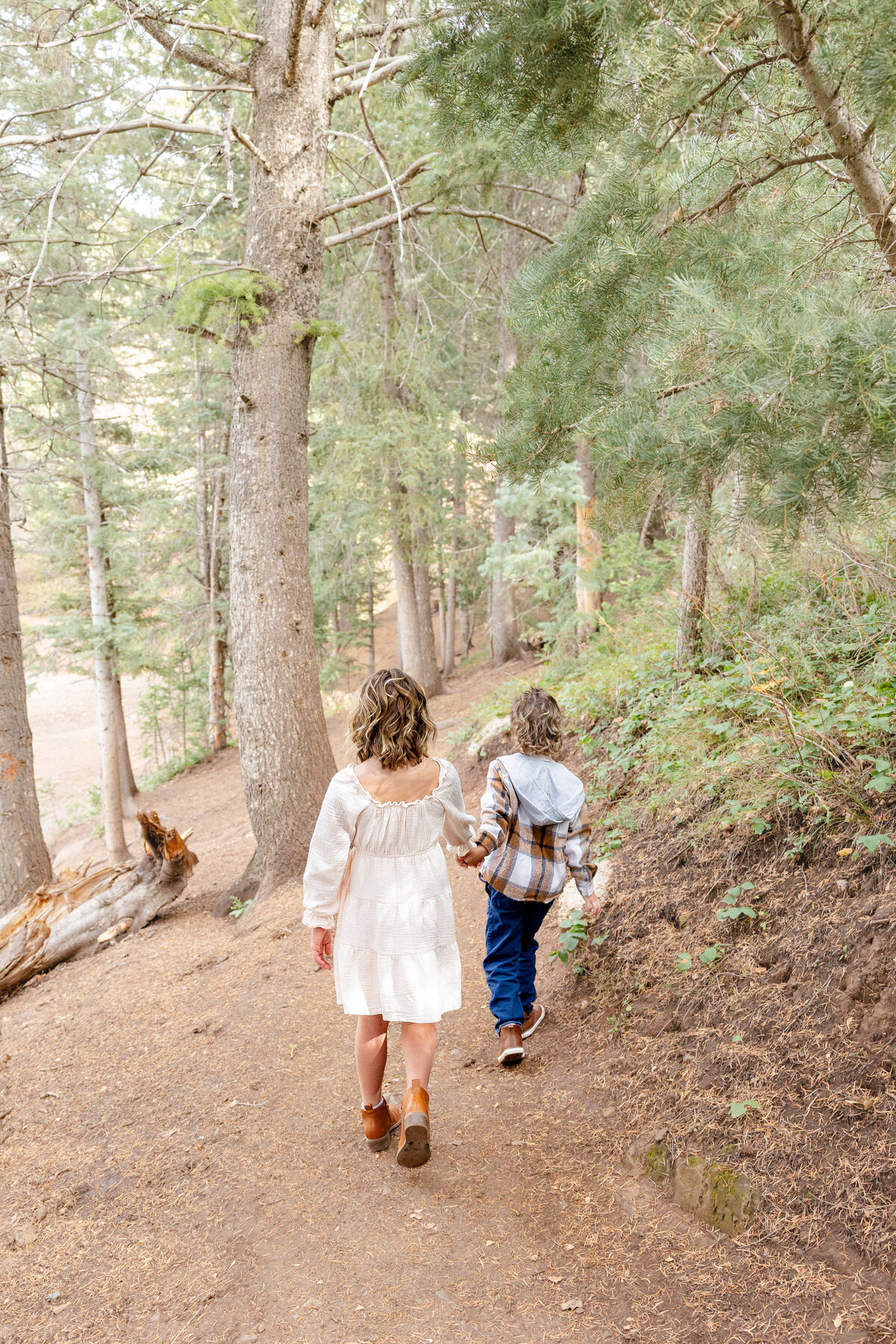 A brother and sister hold hands as they walk along a forest path, surrounded by tall trees and soft, earthy tones, capturing a sweet sibling bond in nature.