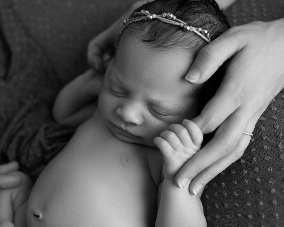 Black white newborn baby hands detail Georgetown artistic photographer