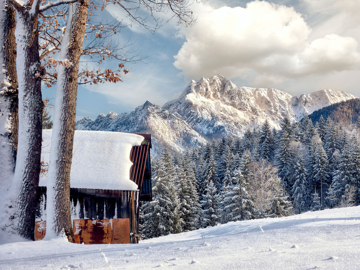 Verschneite Holzhütte am Waldrand mit Blick auf eine dramatische Bergformation in Italien – stimmungsvolle Winterlandschaft für Werbung und Bildwelten