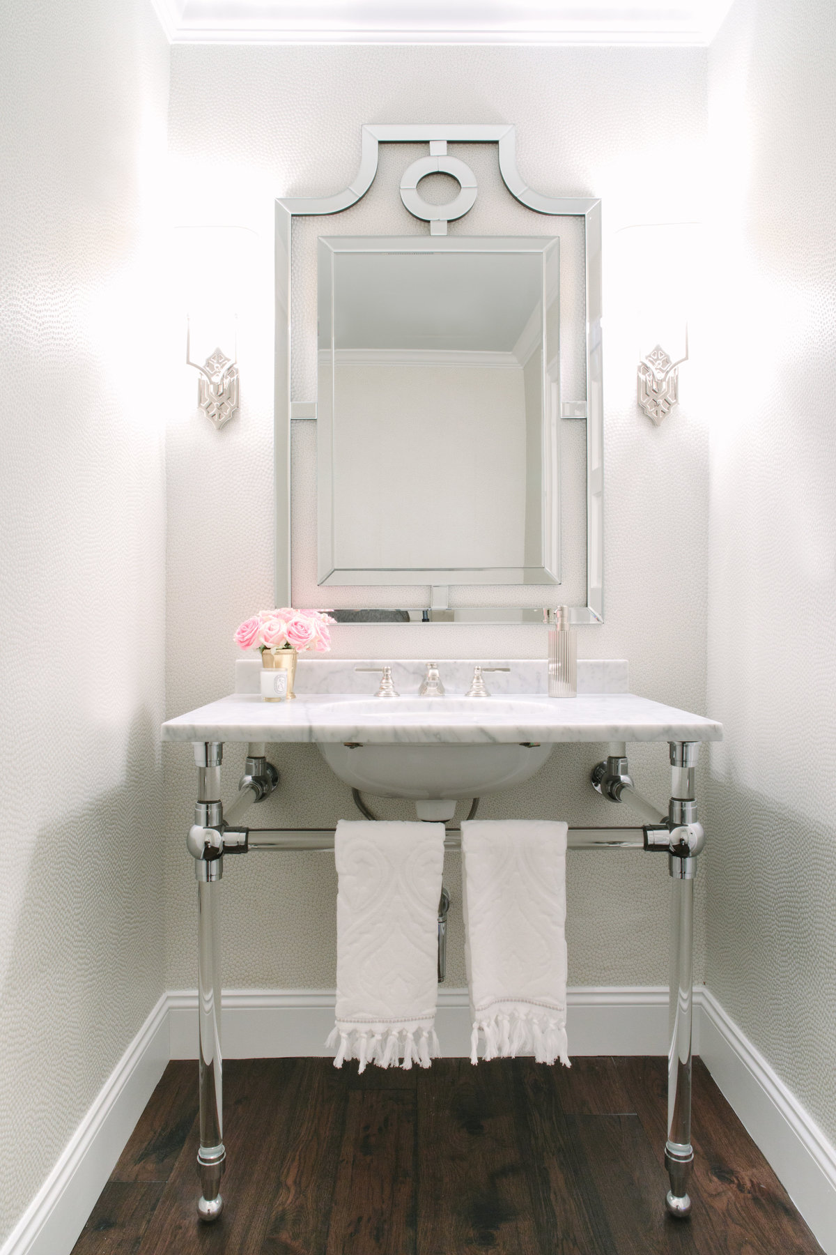 Transitional Powder room interior design with marble counter, Lucite and Polished Nickel washstand style vanity