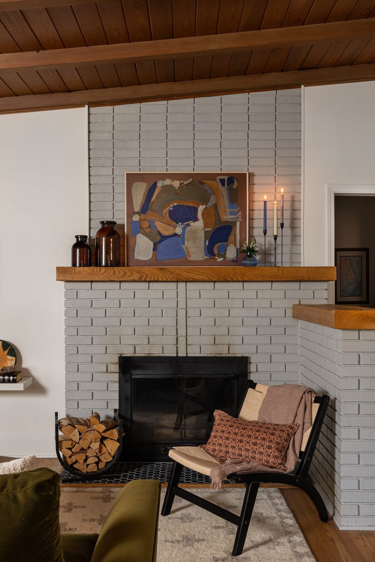 melinda chesson interiors murrayhill road painted brick fireplace in living room
