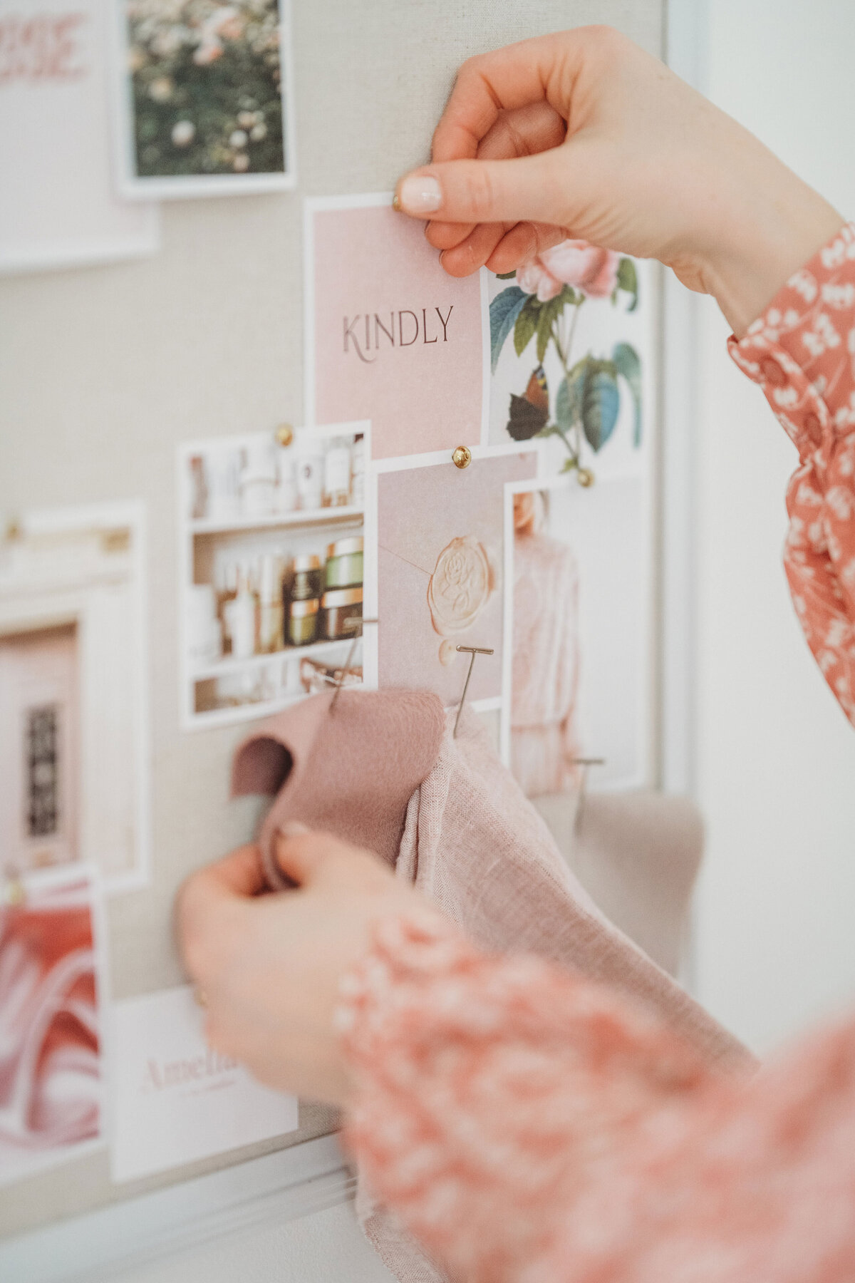 Feminine moodboard design with blush-toned colors, fabrics and design imagery