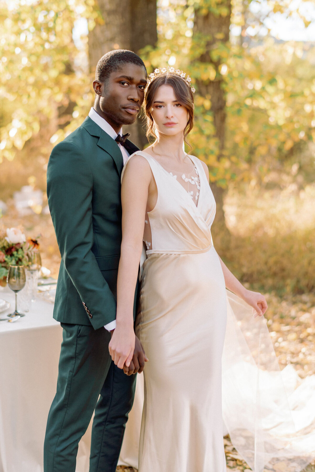 Elegant Fall inspired bride and groom portrait by Kaity Body Photography, film inspired wedding photographer in Calgary, Alberta. Featured on the Bronte Bride Vendor Guide.