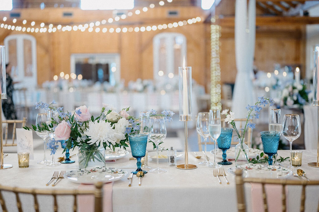 Elegant blue themed tablescapes for a wedding reception