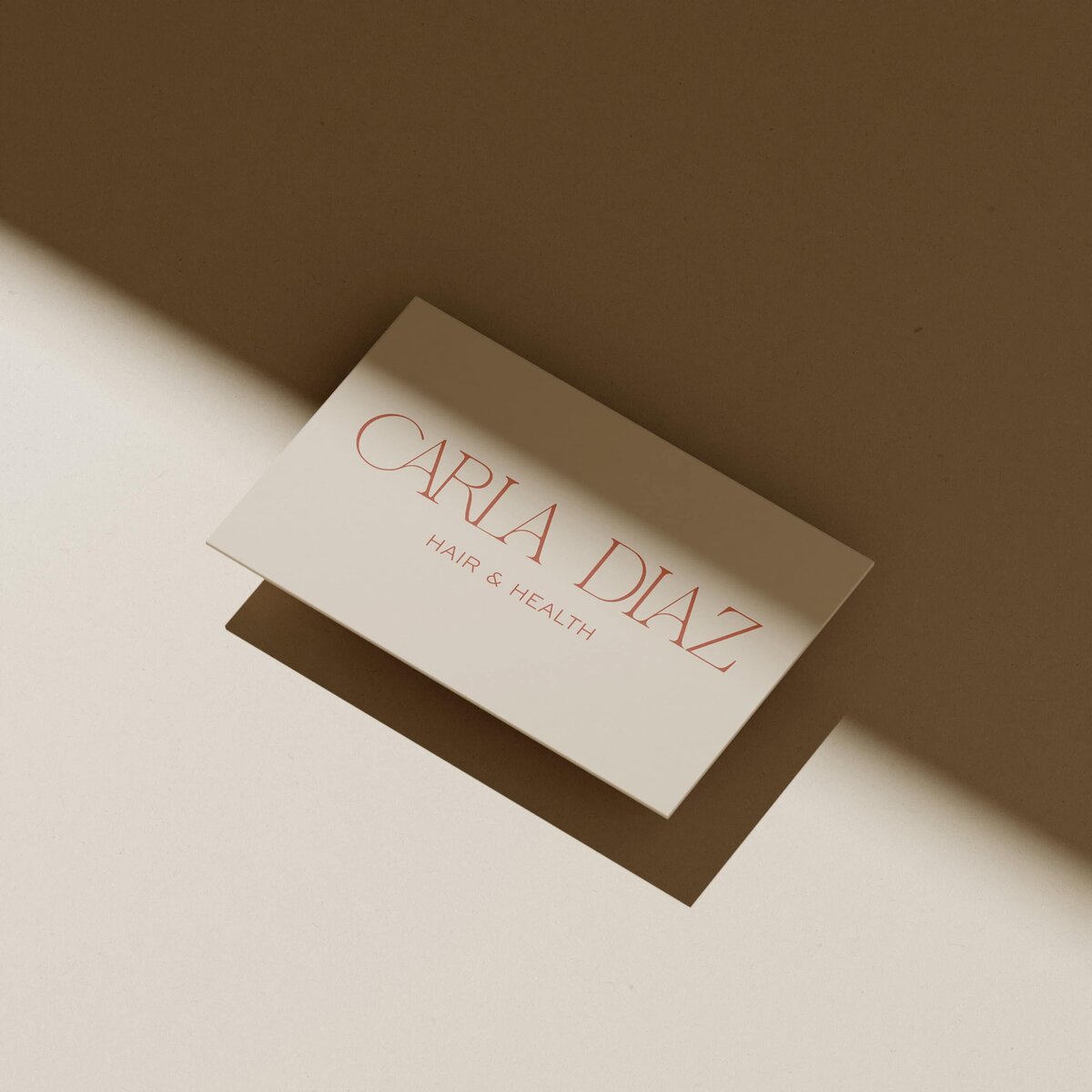 A business card with the text "CARLA DIAZ HAIR &amp; HEALTH" is placed on a surface partially in shadow, showcasing thoughtful branding and website design.