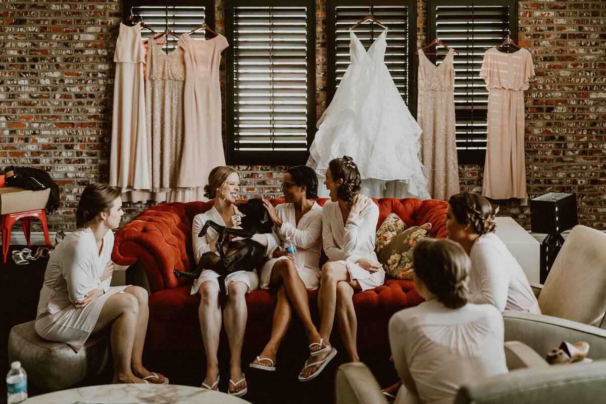 Bridal party and their dog laughs while getting ready for the wedding