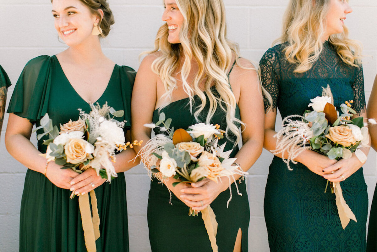 Love & Luster Floral Design toffee dried floral bridesmaid bouquets in hunter dress boho