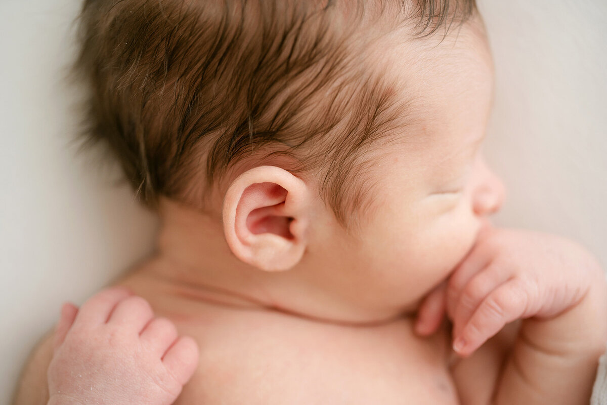 sleeping newborn baby curls up during Louisville KY newborn photo shoot at Julie Brock Photography