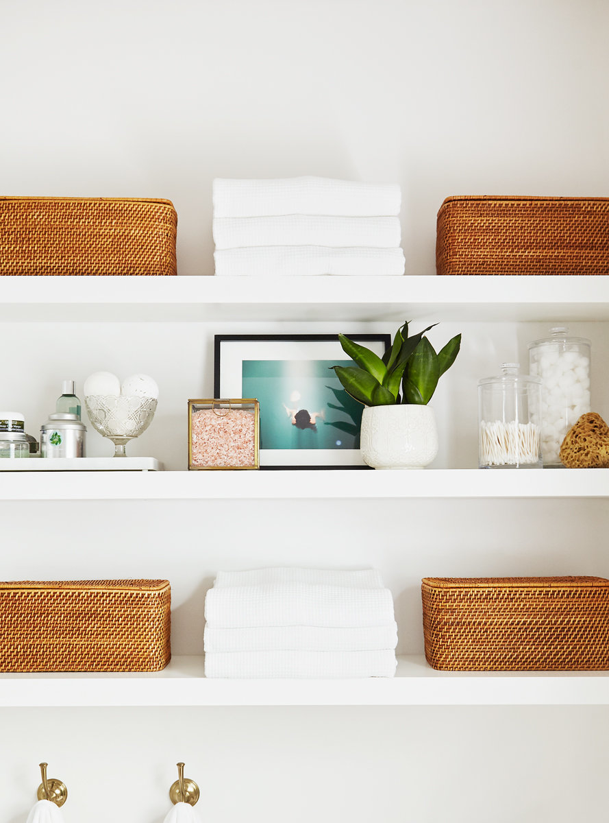 white floating shelves in bathroom styles with towels and baskets and home decor accessories