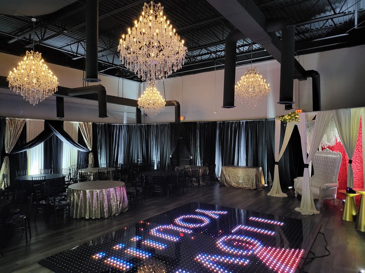 Wedding Event with Backdrop Full Room Drapery LED Dance Floor Rental in Metro Detroit