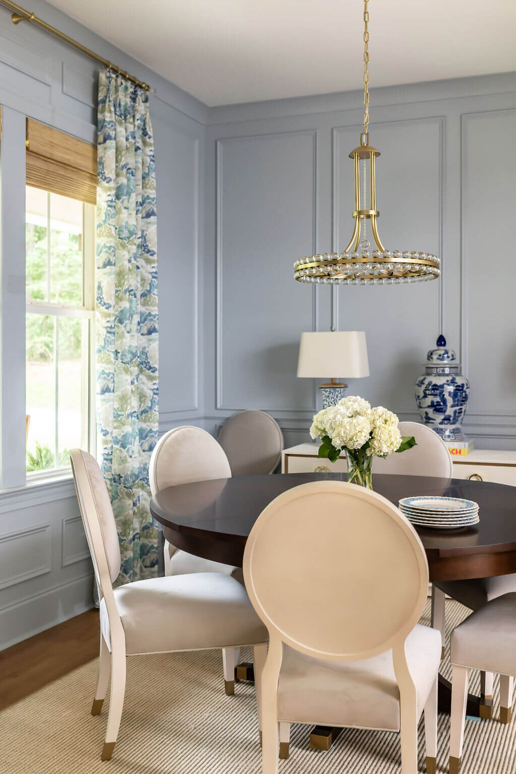 sweet southern home gracies space light blue dining room with white tables and round table
