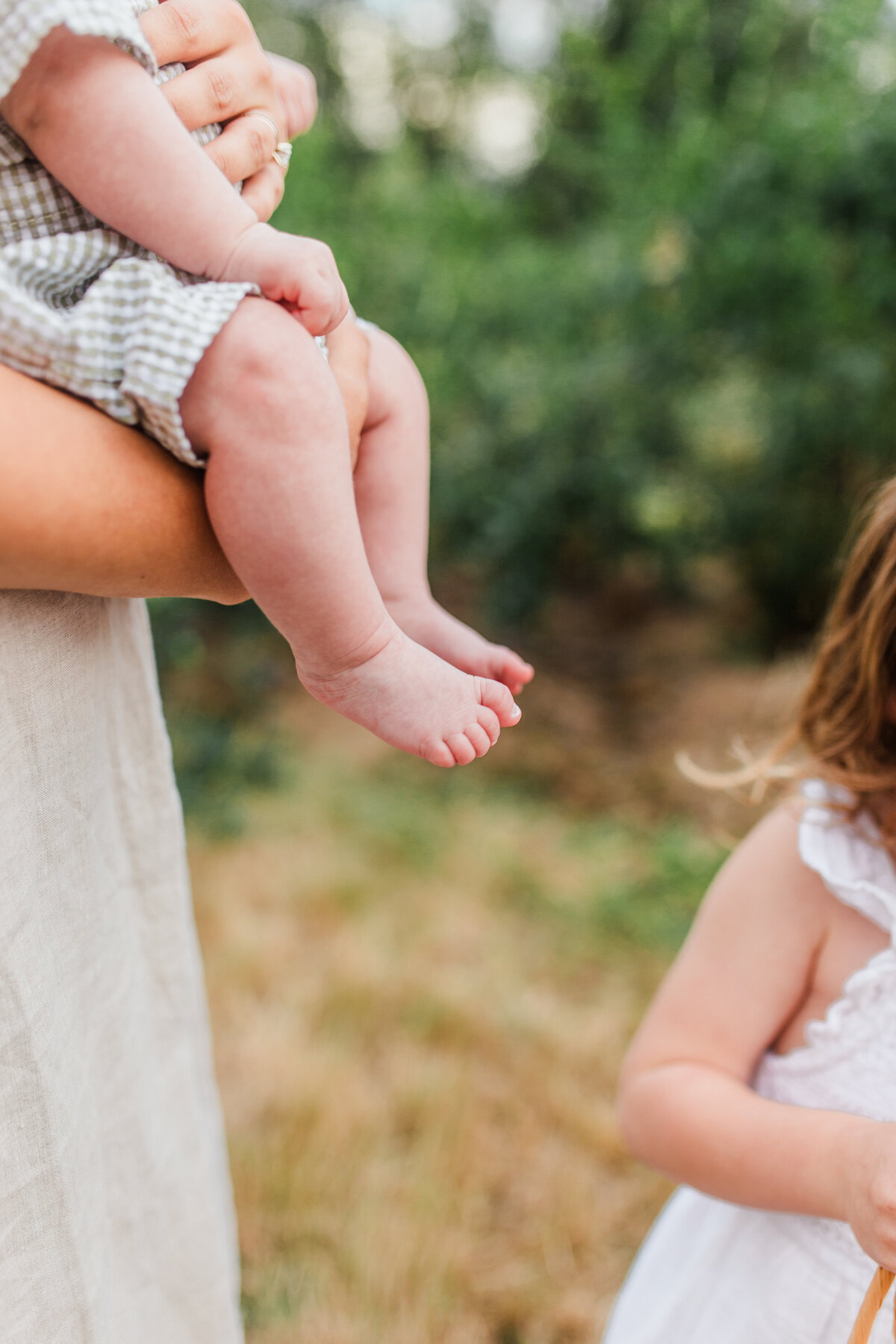 Close-up of a baby being held with a toddler nearby