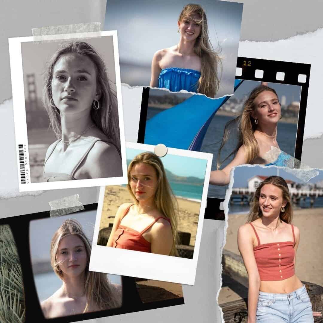 Collage of a young woman in various outfits while smiling and posing for a portfolio of images