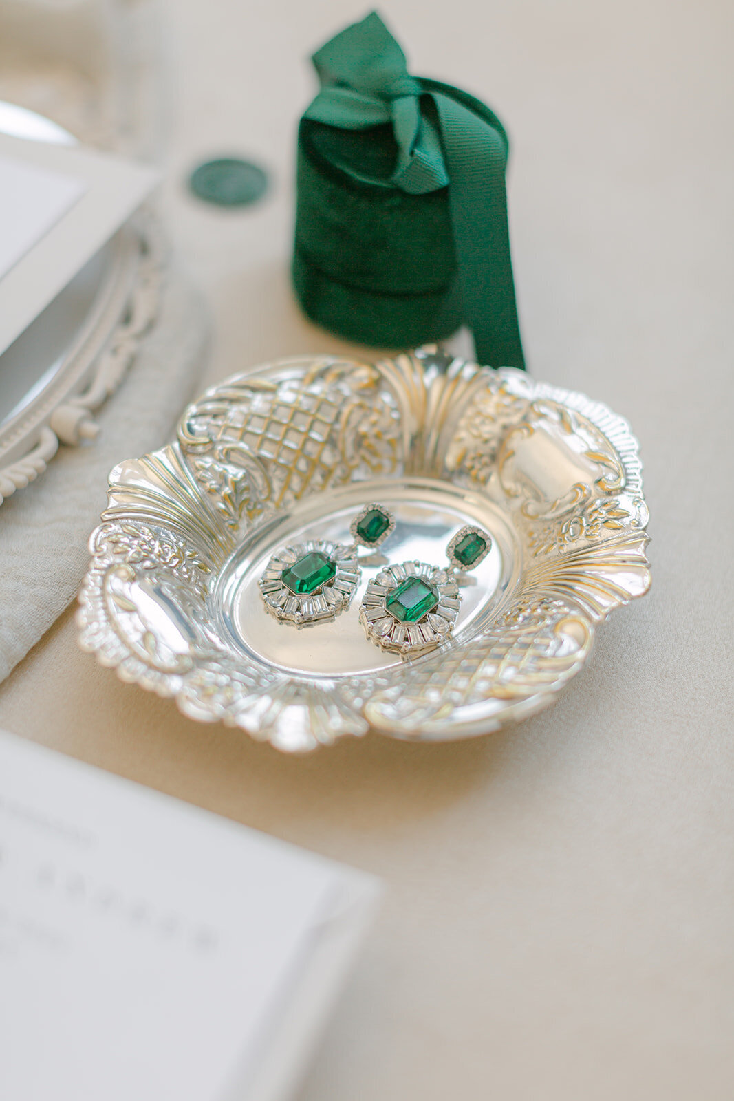 168  - Written by Emily Wedding Stationary Planner - Maila Enea Wedding Plannning - River Island Crystal Drop Rhodium Green Earrings - Asos Desighn Scarlett Bow Bridesmaid Shoes - Vanity Mirror - Velvet Ring Box - London UK - Joana Senkute Photography