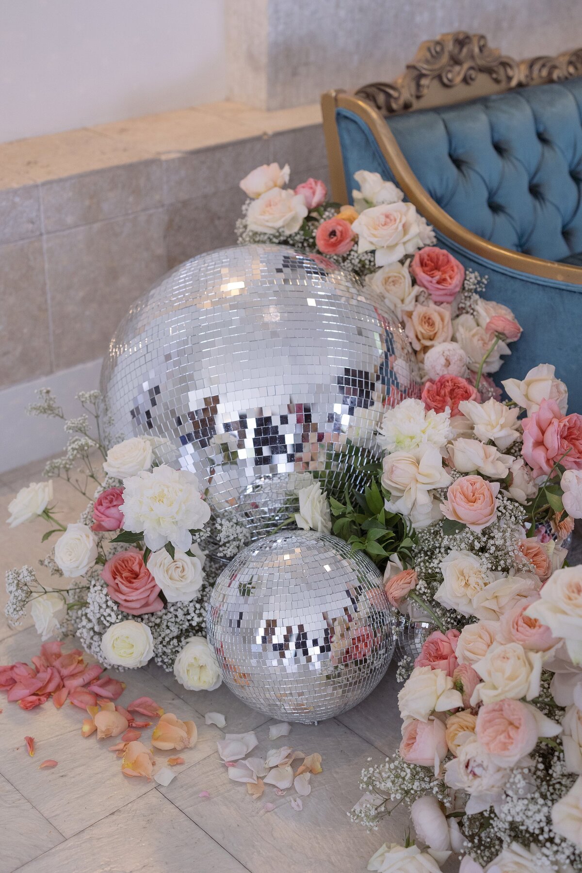 Pink and cream disco ball reception decor at Belle Mer, Newport.