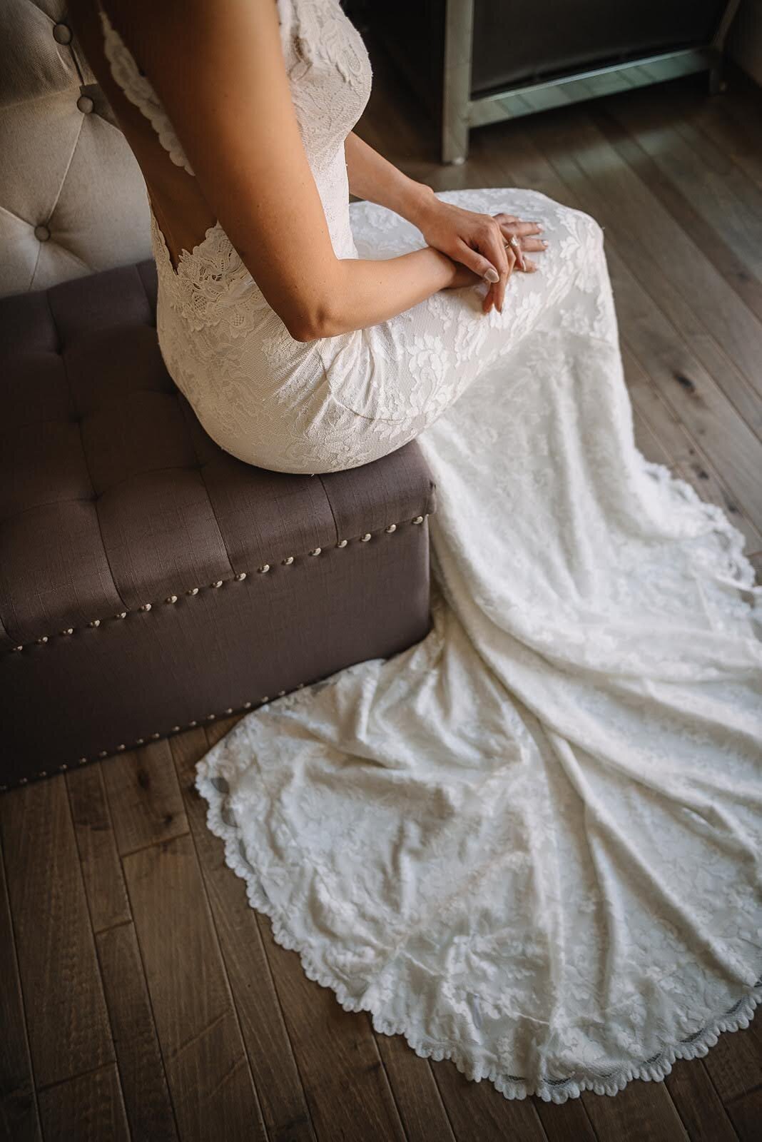 Lace train on a wedding dress for the bride on her wedding day.