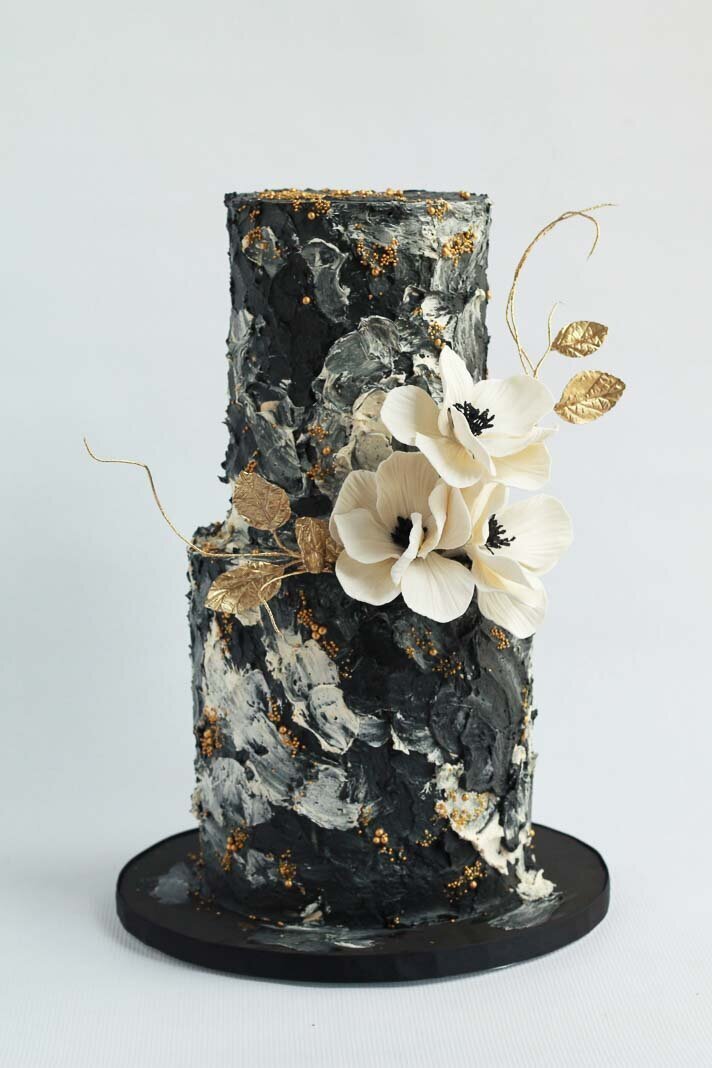 black, white and gold wedding cake with sugar anemones, Hamiilton ON wedding cakes