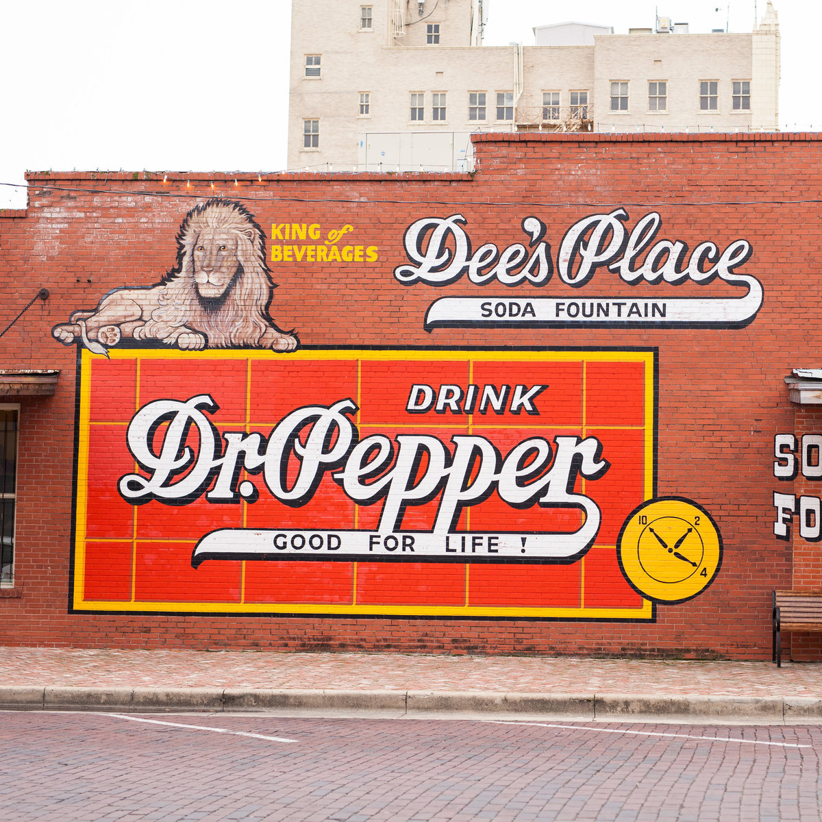 Dr Pepper mural in downtown Corsicana Texas on brick wall