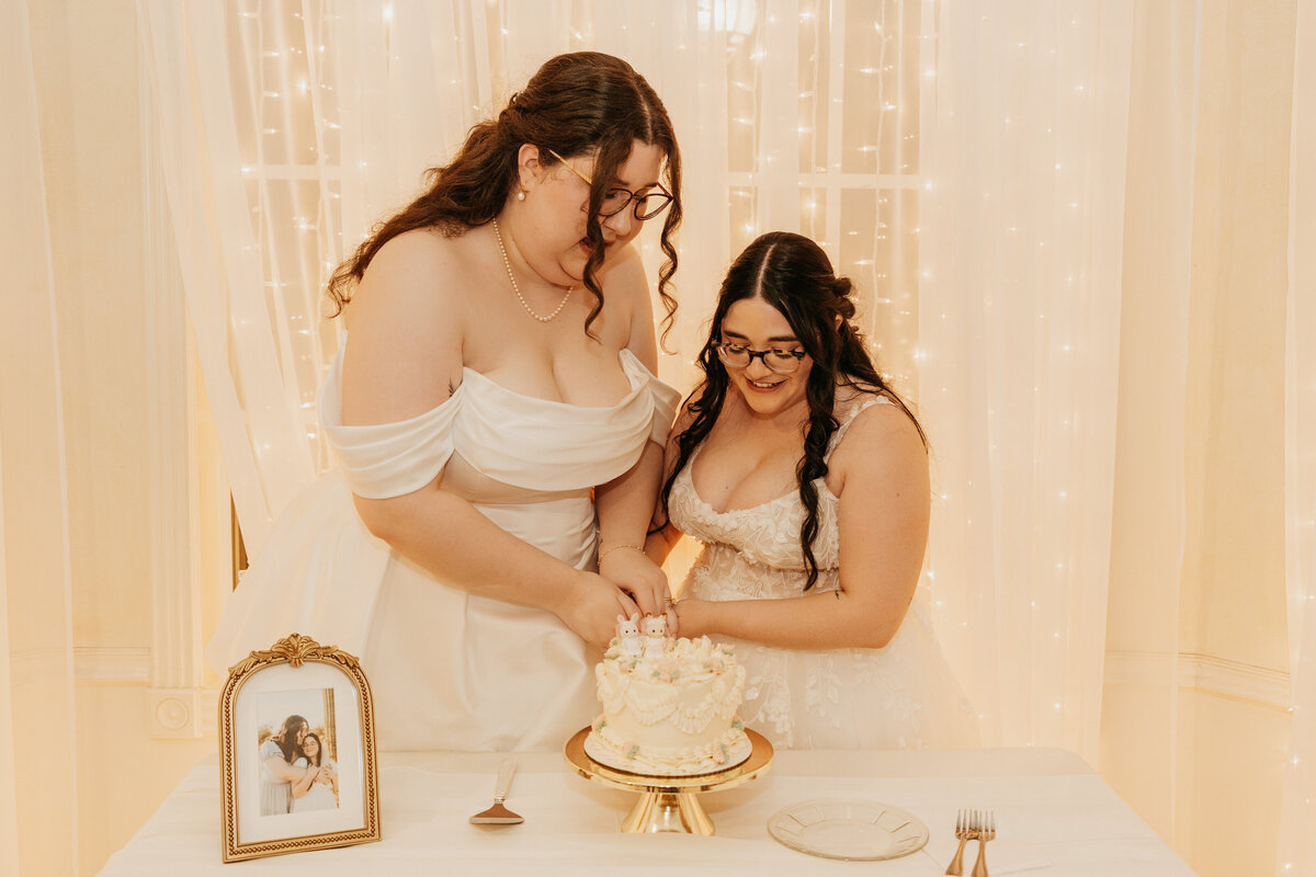 A newlywed couple cutting their wedding cake 