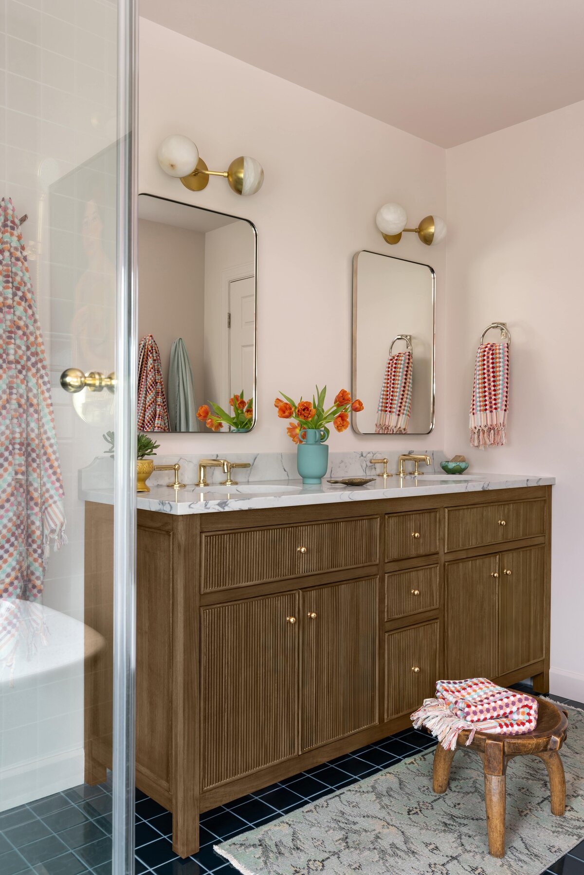 wood vanity with double sinks in a Northern Virginia primary bathroom remodel