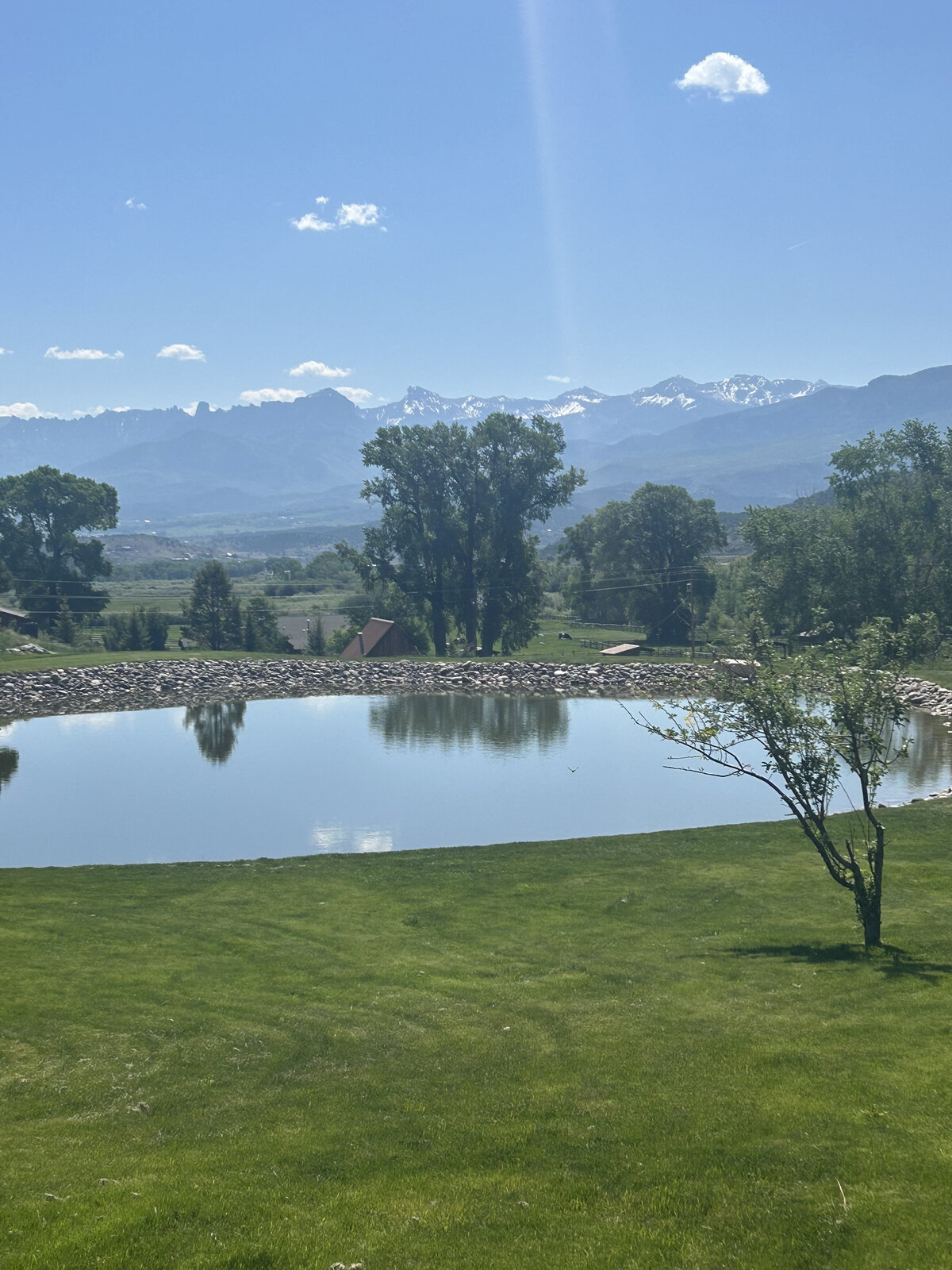 Clear pond with stone edge and surrounding evergreen trees