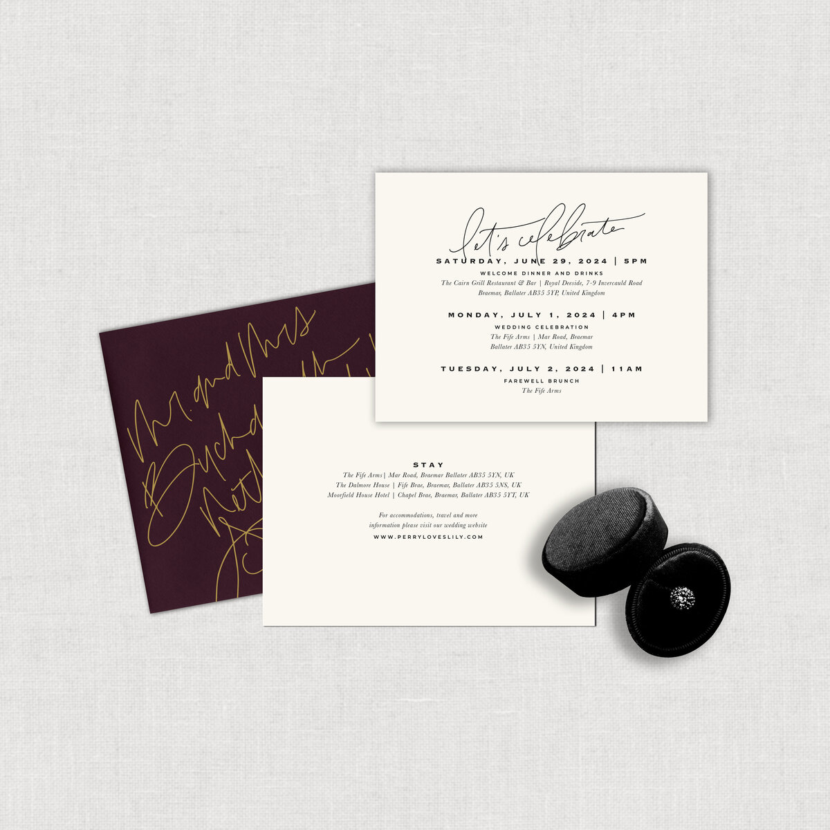 Scottish Wedding destination invite suite double sided detail card with wedding weekend events and a burgundy mailing envelope with gold calligraphy.