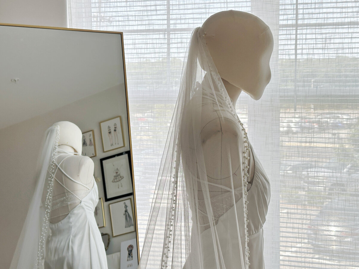 Hand-sewn beaded bridal veil shimmering under natural light
