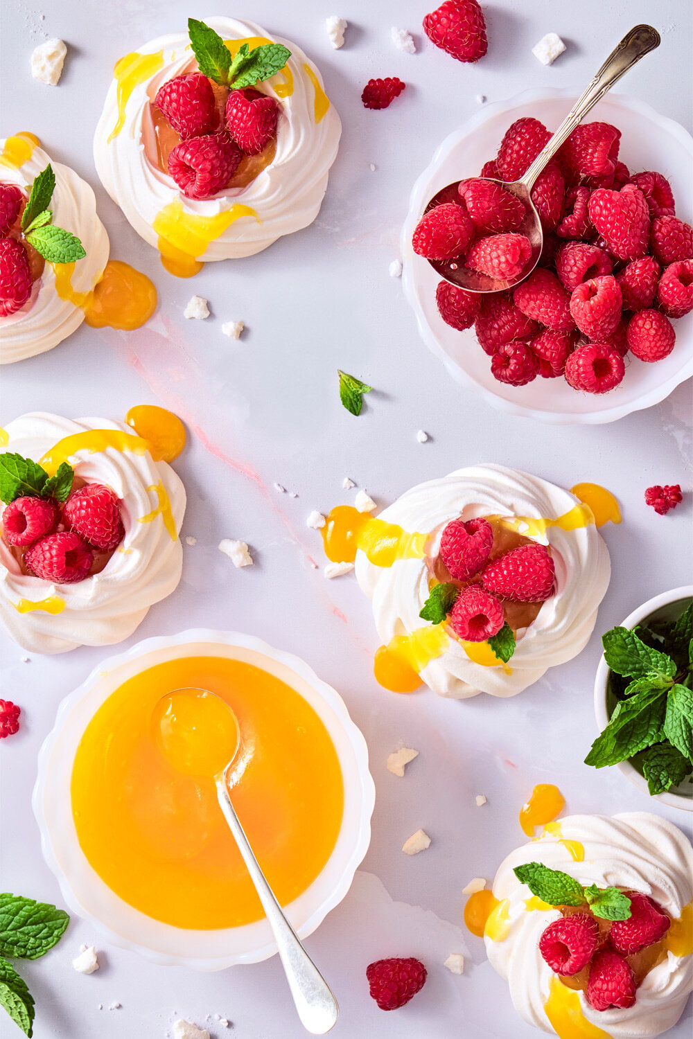 Lemon Crud Meringues with Raspberries