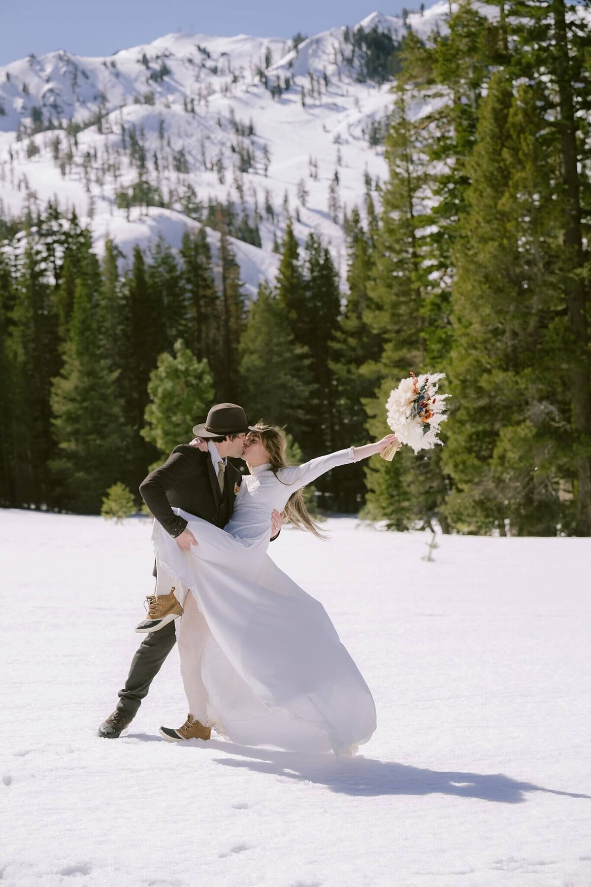 bride and groom portrait in winter in Tahoe