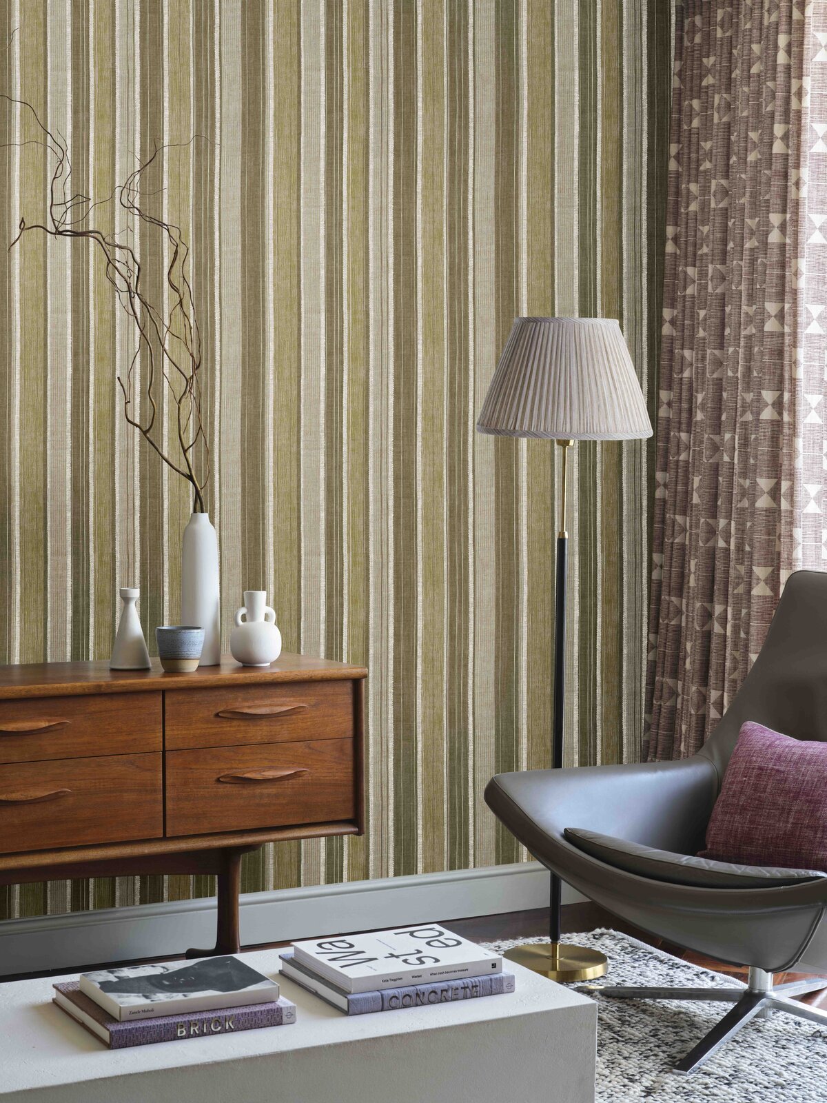 FERMOIE-AUTUMN 25-WALLPAPER-GREEN-CARSKIEY BROAD STRIPE-WPCARS-014-CURTAIN-FLAG-001-LAMPSHADE-PG-090-CUSHION-N-120-LIFESTYLE-MED