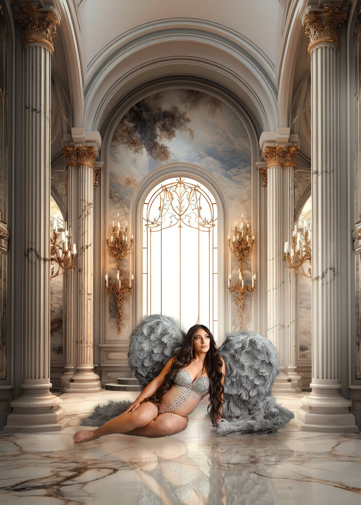 Beautiful long hair pregnant woman, wearing glittery bodysuit and gray angel wings, sitting on marble floor in a gold, white and gray pillar room with gold sconces and large windows