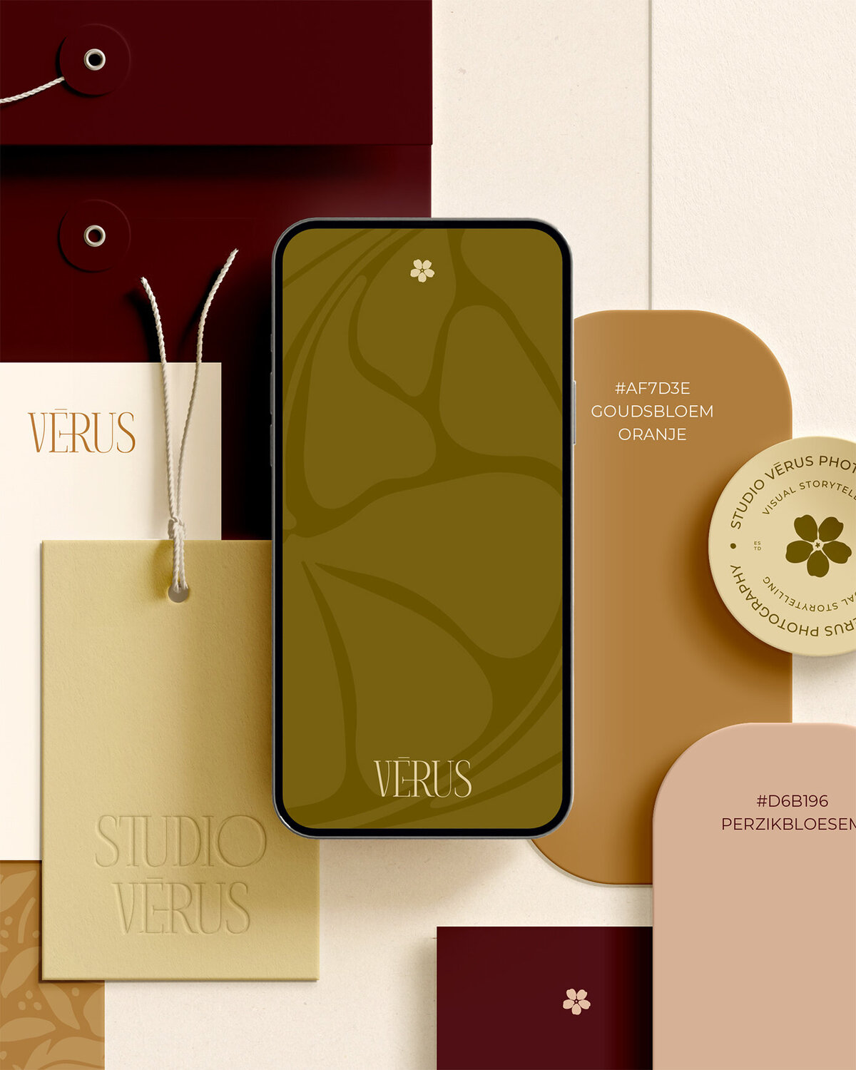 Studio Vérus branding - stationery, labels en mobiele achtergrond