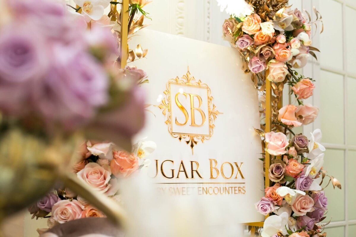 Sugar Box Event sign with flower frame