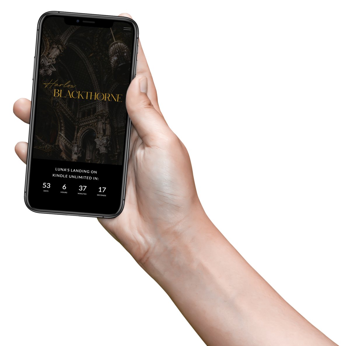 Hand holding an iphone with indie author website on the screen
