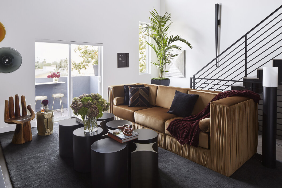 Modern Design Living Room With Brown Sofa Set & Black Rug