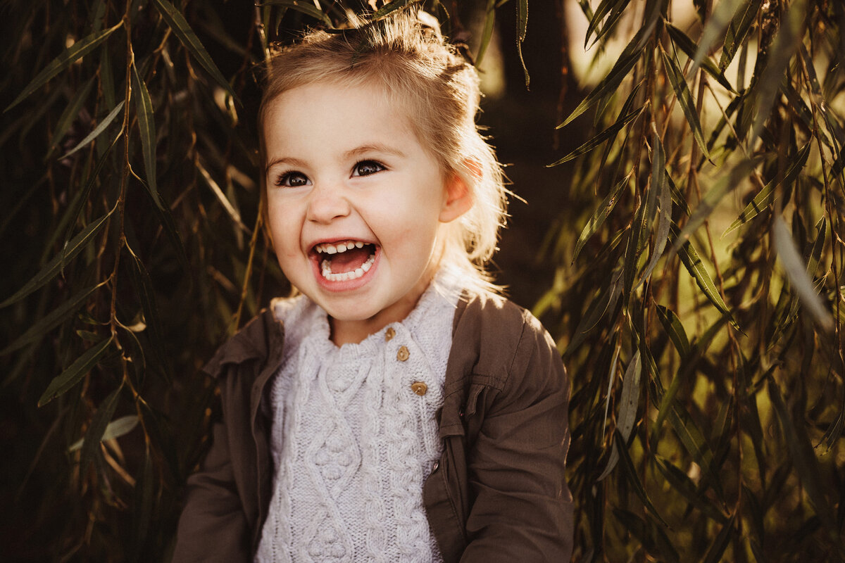 A little girl laughs while playing peek-a-boo around a weeping willow tree.