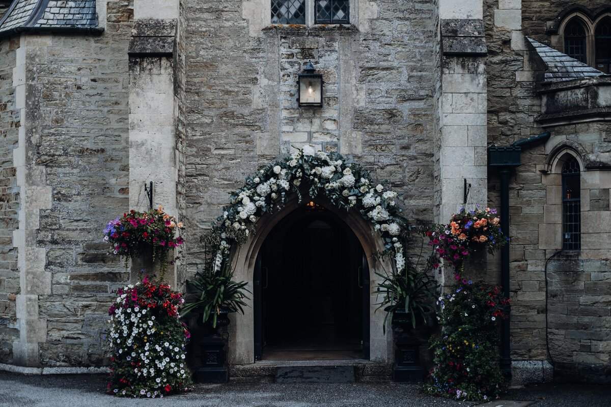 Entrance flowers to Alverton Hotel wedding