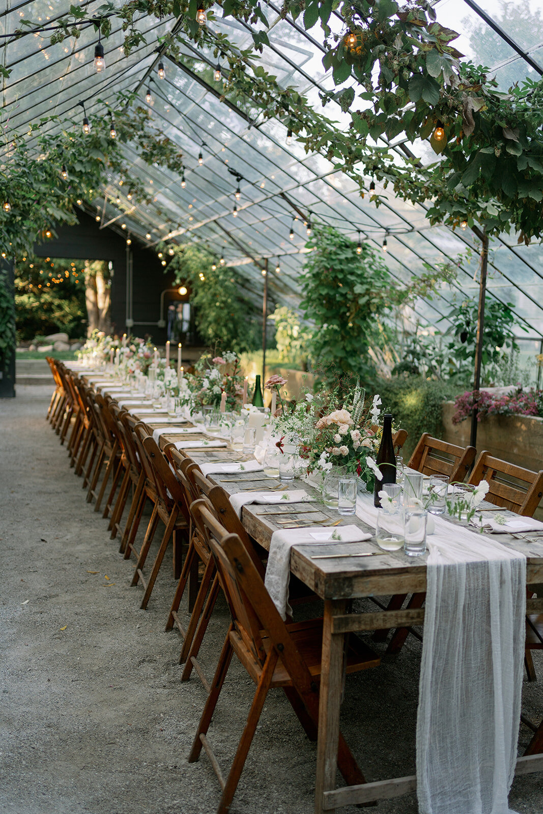 Wedding guests seated at a long dinner table inside the Glasshouse Community greenhouse during a cozy summer reception.