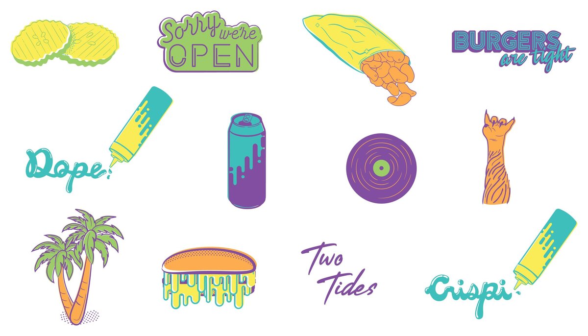 Colorful and illustrative icons of pickle slices, "Sorry we're open," a bag of chips, "Burgers are tight," "Dope" being squirted out of a ketchup style bottle, a tallboy can, a vinyl record, a raccoon paw giving the rock out symbol, a pair of palm trees, a burger oozing melted cheese, "Two Tides," and "Crispi" being squirted out of a ketchup style bottle