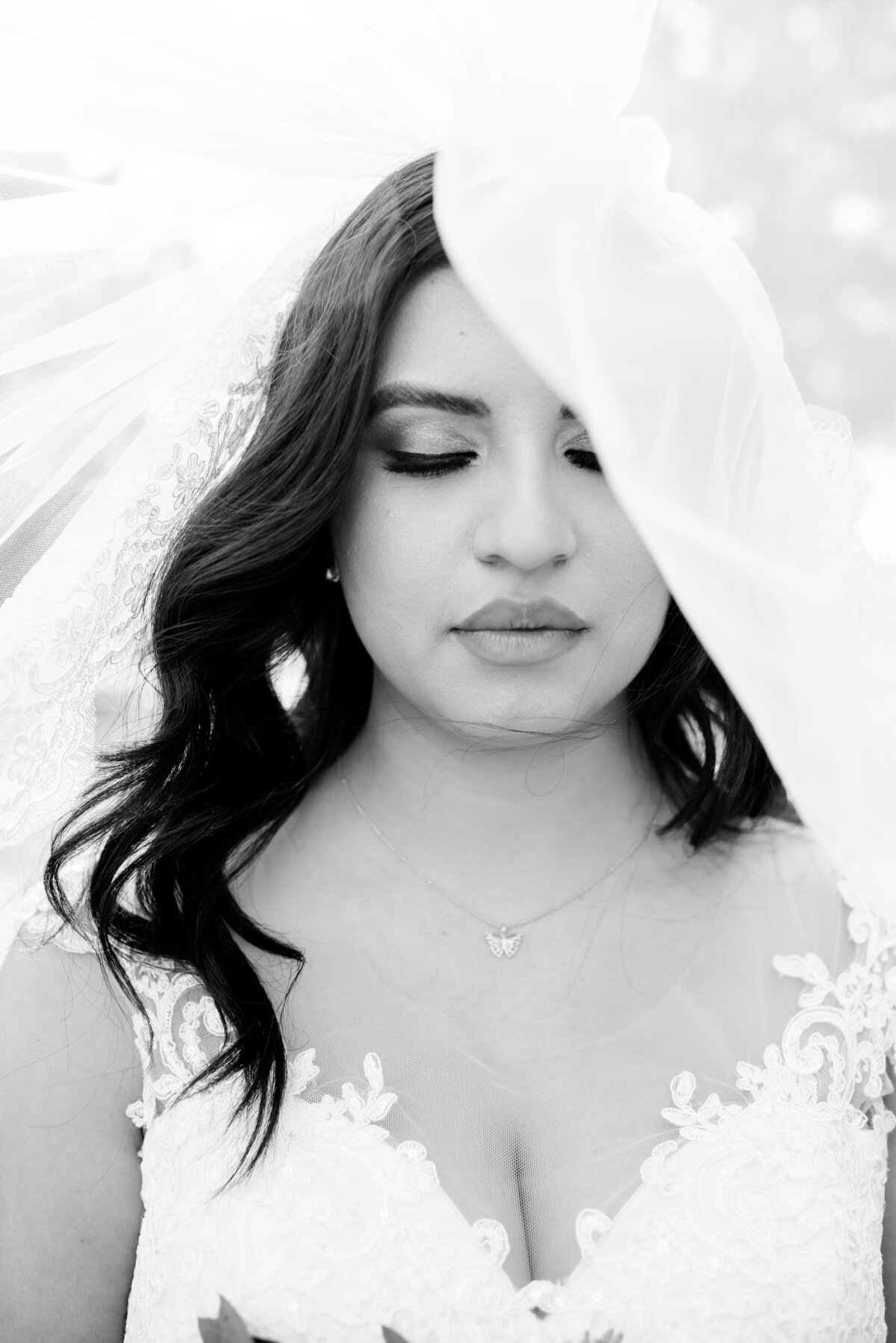 Capture the timeless elegance of a bride in a veil at Anais Events Center in Bellaire, Texas, where her beauty is enhanced by the grace of the moment.